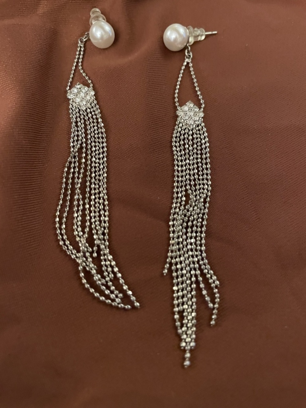 Silver Pearl Top Tassel Drop Earrings